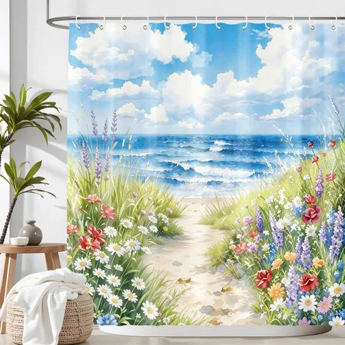 Vista 3 de Cortina de ducha de playa, primavera, costera, playa, mar, océano, floral, naturaleza, paisaje, acuarela, camino de flores silvestres, playa Playa