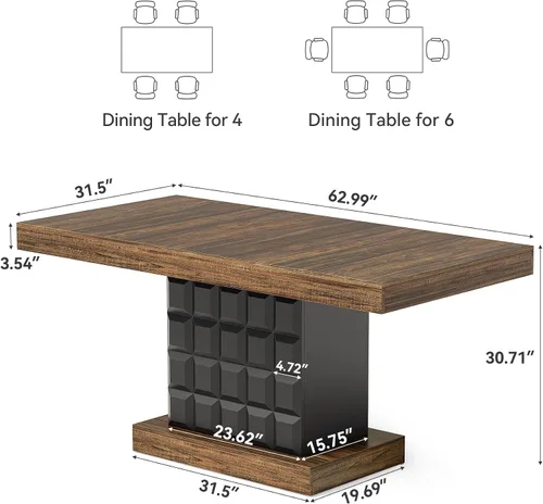 Vista 2 de LITTLE TREE Mesa de comedor moderna de 63 pulgadas, mesa rectangular para 4-6, mesa de cocina de granja, base de pedestal de madera resistente