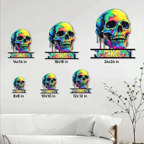 Vista 4 de Letrero de metal personalizado con calavera, letrero colgante de calavera para porche al aire libre, valla de pared con nombre personalizado, patio