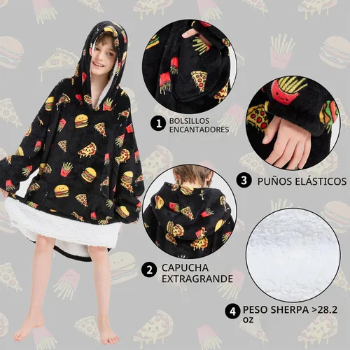 Vista 4 de Fiosnow Manta con capucha de pizza y papas fritas para niños de 6 a 13 años, manta de gran tamaño para niños, niñas y adolescentes Pizza negra