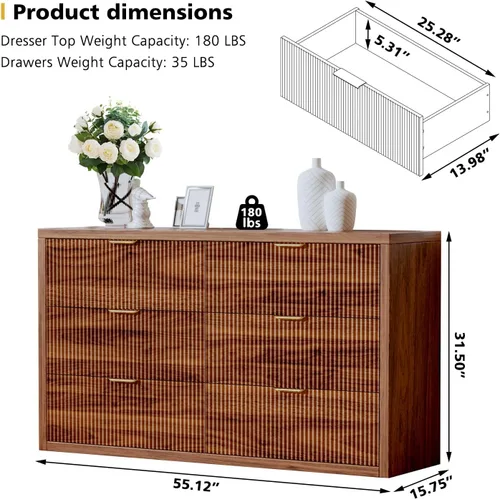 Vista 6 de Ieejdn 55.12" Modern Chest of Drawer, 6 Deep Drawers,Clothes Organizer,Large Storage Cabinet for Living Room, Bedroom,Dresser TV Stand, Wood Drawer