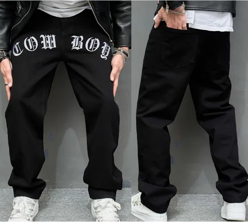 Vista 7 de FOMOYUU Pantalones vaqueros de moda para hombre, pantalones de skate con letras bordadas, pantalones holgados de hip hop, pantalones de mezclilla