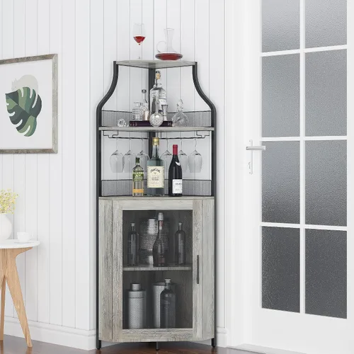 Vista 3 de GAOMON Armario esquinero para bar de vinos con estante desmontable para vinos, armario de bar con soporte para vidrio, aparador pequeño y gabinete