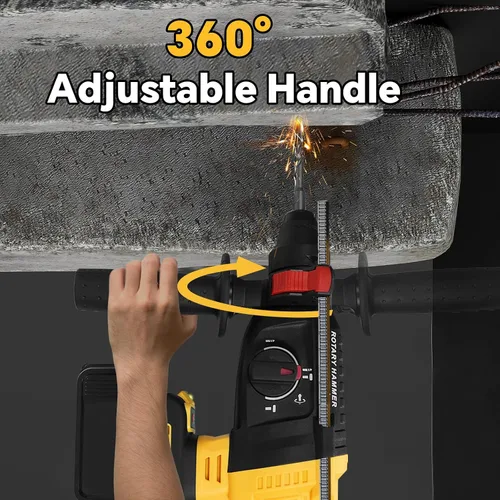 Vista 5 de Taladro de martillo giratorio inalámbrico para batería Dewalt de 20 V, SDS-Plus sin escobillas de 3 julios con 4 modos, mango auxiliar de 360° y 5