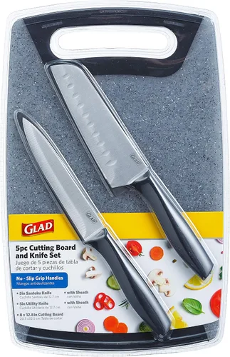 Vista 8 de Glad Juego de cuchillos con tabla de cortar, 5 piezas Cuchillos Santoku afilados y utilitarios con cubiertas de cuchillas y bloque de cortar