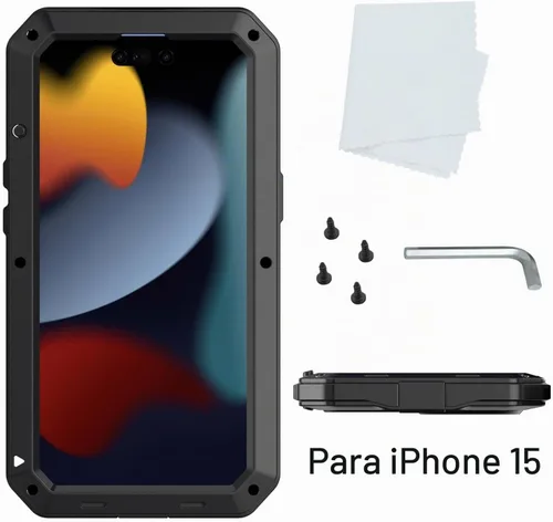 Vista 6 de Funda para iPhone 15 Heavy Duty Metal a prueba de golpes Tough Negro