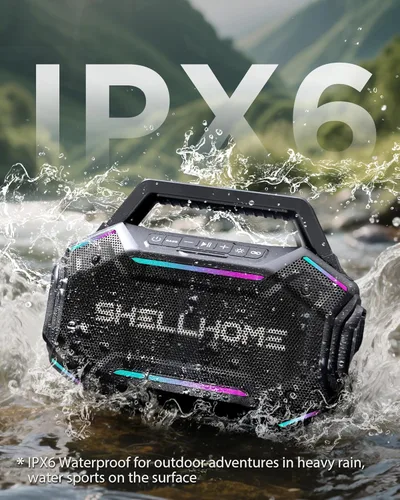 Vista 4 de ShellHome Altavoces Bluetooth 6.0 para exterior, altavoz potente de 80 W (máximo) con graves, 30 horas de reproducción, impermeable IPX6, luces RGB