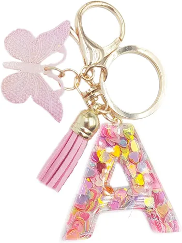 Vista 2 de Llavero de la letra A-Z con borla rosa mariposa llavero para mujeres niñas mochila bolsos colgante