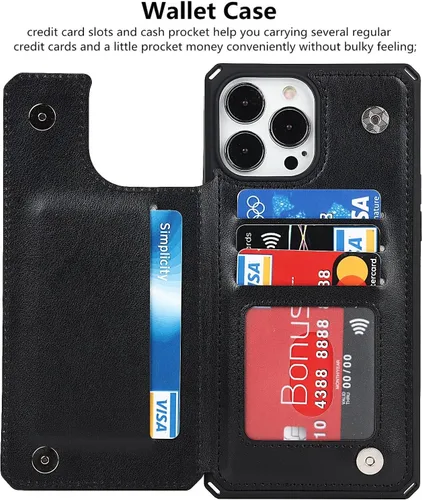 Vista 5 de iCoverCase Funda de billetera compatible con iPhone 13 Pro Max con tarjetero para mujer, cuero PU en relieve con bloqueo RFID y correa de muñeca