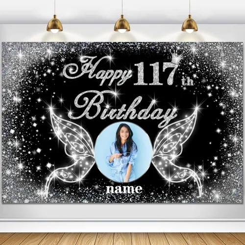 Vista 56 de Cartel personalizado de decoración de fiesta de cumpleaños número 100 - tema de alas de ángel - negro y plateado HY-NLK-100º