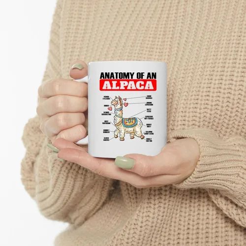 Vista 3 de Taza de café divertida de cerámica blanca con diseño de alpaca feliz, 11 onzas