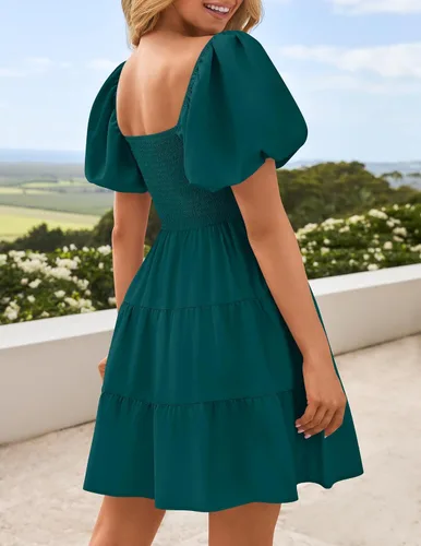 Vista 3 de ZESICA Mini vestido corto de verano bohemio 2026 con cuello cuadrado, manga abombada, hombros descubiertos, fruncido, escalonado, casual