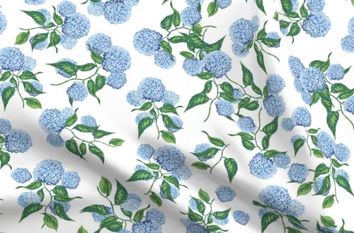 Vista 4 de Spoonflower Tela Hortensia Floral Azul Verde sobre Algodón Pétalo Patio Meadow Hamptons Grandmillennial Uso para coser ropa de acolchar