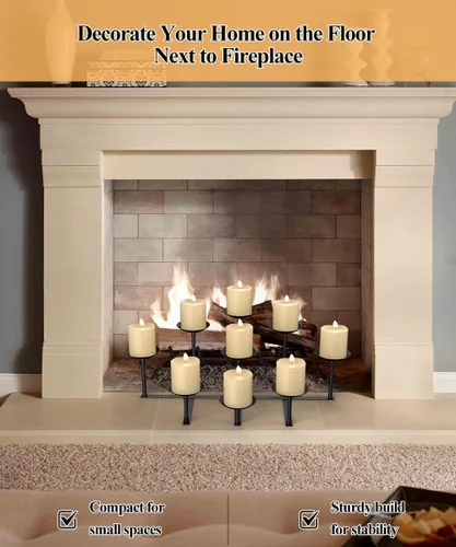 Vista 3 de Portavelas de chimenea con 9 placas de pilar de cera, soporte de velas de hierro para decoración de hogar, hogar, mesa, centro de mesa, decoración