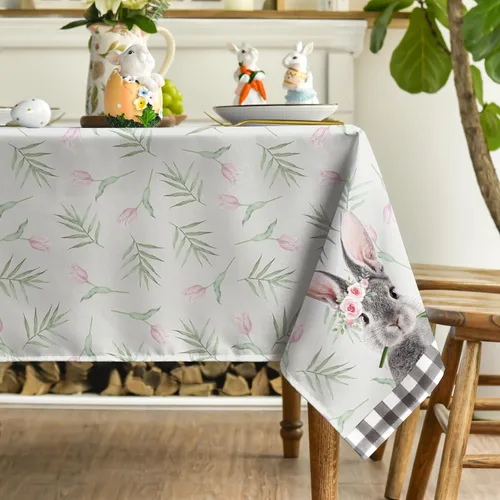 Vista 3 de Horaldaily Mantel de Pascua rectangular de 52 x 70 pulgadas, diseño de flores, conejo, búfalo, a cuadros, lavable, para fiesta, picnic, decoración