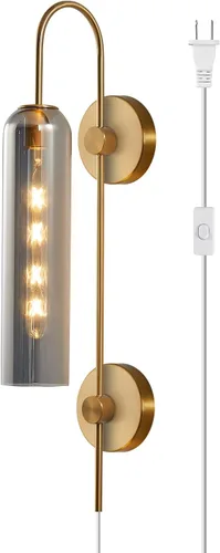 Vista 14 de BOKT Apliques de pared modernos de mediados de siglo con enchufe para interiores, largos, oro cepillado, vidrio blanco leche, apliques