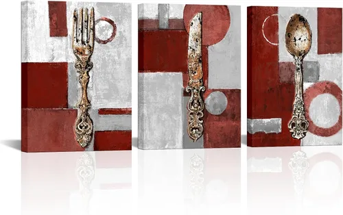 Vista 9 de sechars Cuadro de Cocina Vintage con Tenedor, Cuchillo y Cuchara en Azul y Gris, Pintura en Lienzo, Utensilios de Cocina, Impresión de Cuadro