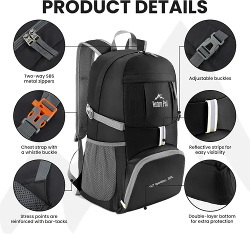 Vista 3 de Venture Pal 35L Ultraligero Ligero Plegable Plegable Viaje Camping Senderismo Deportes al aire libre Mochila Daypack