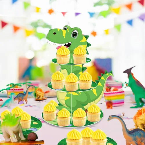 Vista 8 de Soporte de 3 niveles para cupcakes de dinosaurio, decoración de fiesta, soporte para cupcakes de dinosaurio de Anberky con forma de dinosaurio