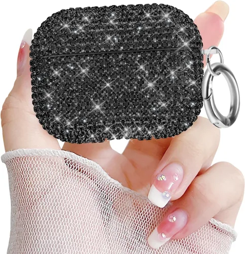 Vista 16 de Newseego Funda para AirPods de 1 y 2 generación, funda de lujo con diamantes de imitación brillantes con llavero para mujeres y niñas, anti-pérdida