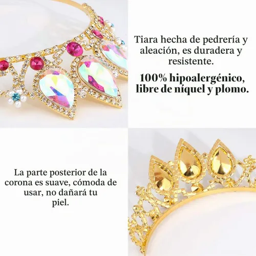 Vista 6 de COCIDE Rapunzel - Corona para niñas, tiara de cristal AB y corona para fiesta de cumpleaños, diadema de perlas para diamantes de imitación, postizo