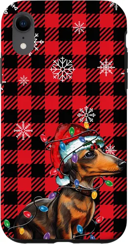 Vista 25 de iPhone 16 Dachshund Christmas Phone Case Red Plaid Pattern Christmas Lights Case