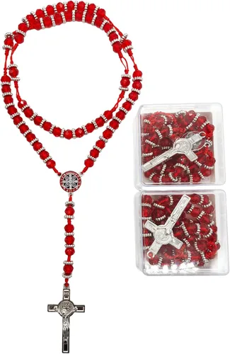 Vista 6 de Collar de rosario con medalla de San Benito con cristales rojos, rosario católico y crucifijo de Jesús, regalos de oración para mujer