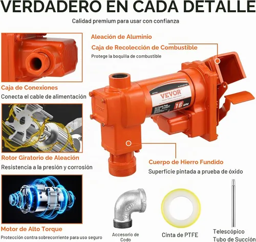 Vista 6 de VEVOR Bomba de Transferencia de Combustible, 12V DC 16 GPM 1/4 HP, Bomba Extractora de Gasolina con Boquilla Automática, Manguera de Descarga y Tubo