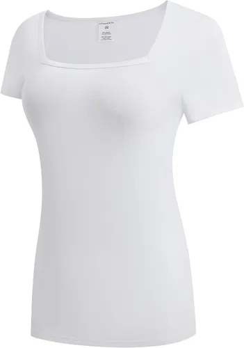 Vista 2 de OThread & Co. Camiseta de manga corta para mujer, cómoda, cuello cuadrado, capa elástica básica