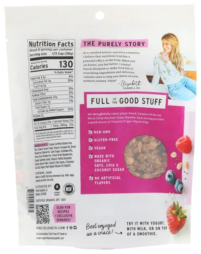 Vista 2 de Purely Elizabeth, Berry Crisp, granola de grano antiguo con vitamina D, sin gluten (bolsa de 8 onzas)