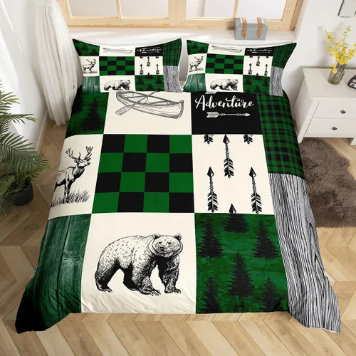 Vista 26 de Funda de edredón de cabaña marrón retro, juego de ropa de cama de retazos con diseño de oso del bosque, ciervos para cabaña rústica, funda de Multi