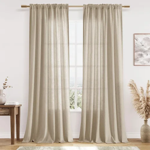Vista 46 de Cortinas de lino verde aguamarina de 84 pulgadas de largo, juego de 2 paneles semitransparentes con bolsillo para barra para comedor, decoración