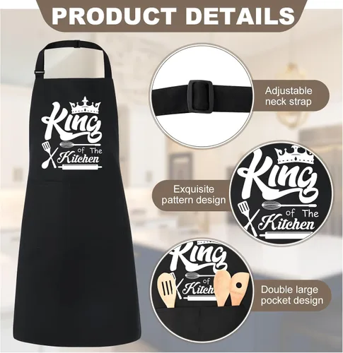 Vista 3 de Delantales divertidos para hombres, delantales de cocina Rey de la Cocina para hombres, delantales personalizados, delantal de chef ajustable