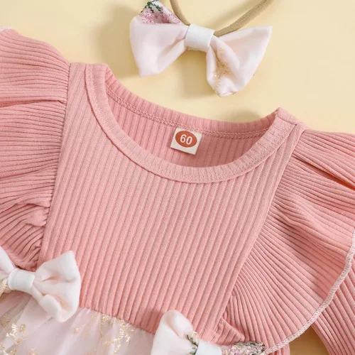 Vista 4 de Mameluco de manga larga con volantes para bebé niña, mameluco bordado de malla, vestido tutú para otoño