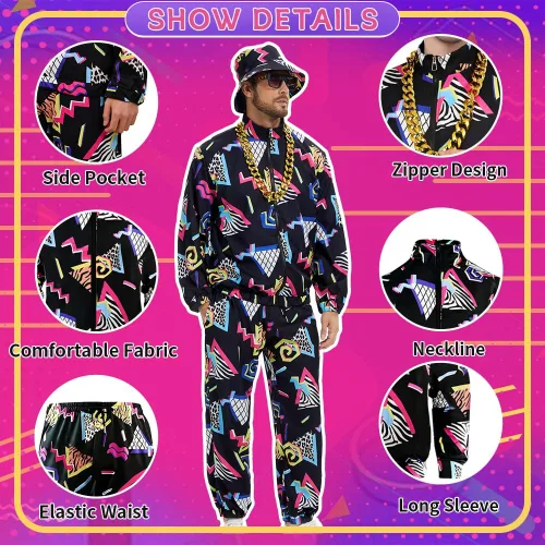 Vista 3 de Traje retro de los años 80 y 90 para hombre, 8 piezas, disfraz vintage de Halloween de los 80 para hombre, conjunto deportivo con accesorios