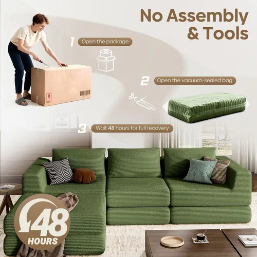 Vista 7 de Sofá modular sin hueso en forma de L, sofá cama convertible con 3 almohadas, no requiere montaje, ahorro de espacio para apartamento pequeño Verde