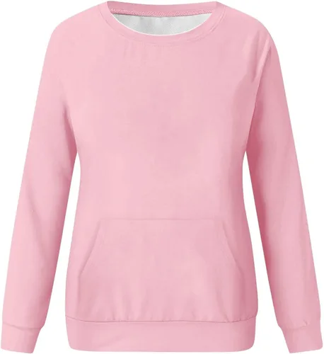 Vista 4 de Sudaderas de otoño para mujer, color liso, manga larga, cuello redondo, informal, con bolsillo, holgadas, cómodas