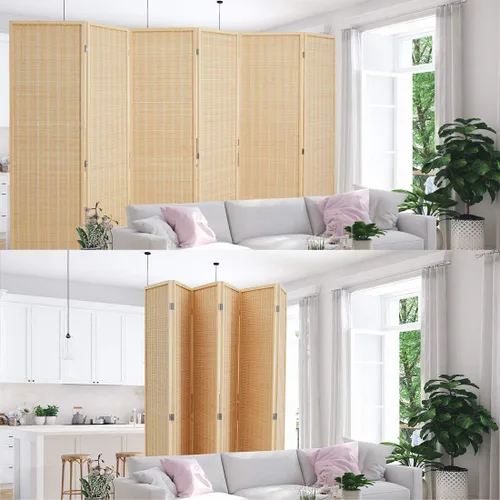 Vista 7 de Divisor de habitación con bambú natural, 6 paneles plegables de privacidad, separador de habitación independiente, color beige