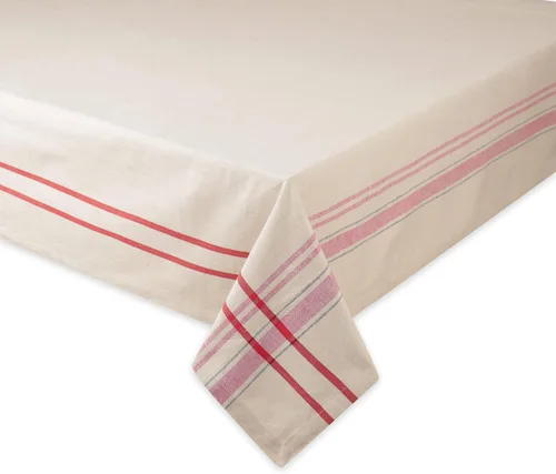Vista 2 de DII - Mantel para mesa de comedor, estilo rústico, colección de manteles con rayas estilo francés, 60 x 84 pulgadas, color gris pardo/rojo