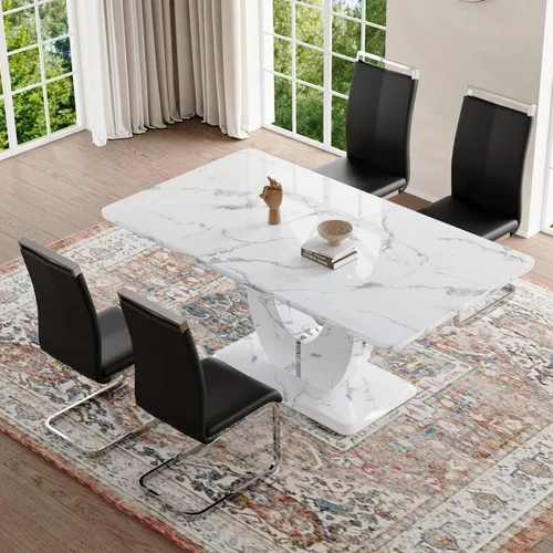 Vista 114 de JUFU Juego de mesa de comedor moderno para 4, juego de mesa de cocina rectangular de 63 pulgadas con mesa de mármol sintético y 4 sillas tapizadas