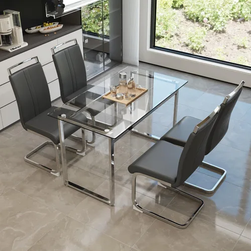 Vista 15 de Juego de mesa de comedor de cristal moderno para 4, juego de mesa de cocina rectangular, juego de mesa de comedor de 5 piezas con 1 mesa de vidrio