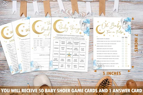 Vista 4 de Moon Stars - Juego de juegos para baby shower, 4 juegos incluye Word Scramble, Oh Baby, predicciones y consejos, bingo, 50 tarjetas de doble cara