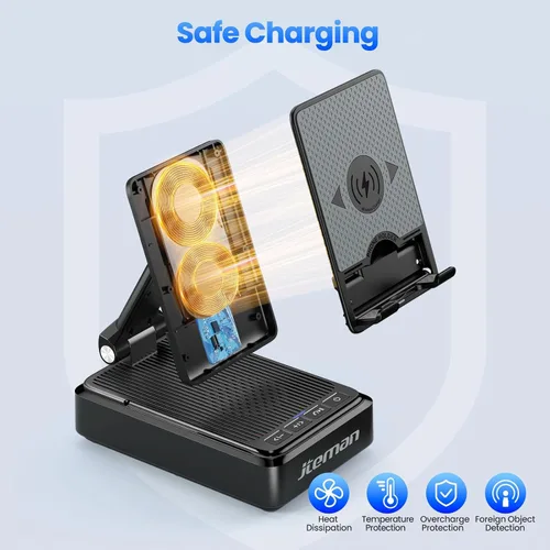 Vista 5 de Jteman Soporte para teléfono celular con altavoz Bluetooth y cargador inalámbrico, soporte de estación de carga de escritorio con altavoz