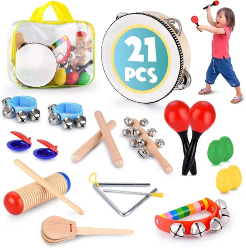 Vista 2 de Juego de instrumentos educativos y musicales para niños pequeños, 21 piezas, con pandereta, maracas, castañuelas y más, promueve las habilidades