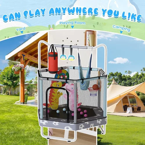 Vista 2 de LAMERGE Trampolín redondo 7 en 1 de 55 pulgadas para niños y niñas de 1 a 8 años, trampolín para interiores y exteriores para diversión, barandilla