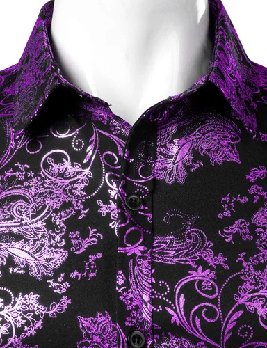 Vista 3 de ZEROYAA Camisa de vestir de cachemira de lujo para hombre, con estampado floral brillante, camisas con botones para fiesta de graduación