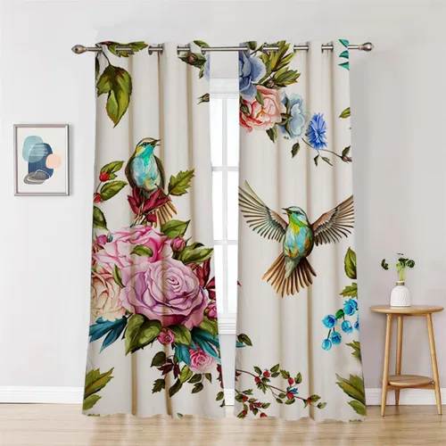 Vista 3 de Koudi Cortinas opacas con diseño de pájaros y flores, cortinas de oscurecimiento con ojales, paneles de cortina con aislamiento térmico