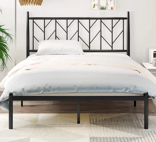 Vista 3 de SHA CERLIN Cama de plataforma vintage Queen con cabecero, base de colchón resistente, 12 pulgadas debajo de la cama para almacenamiento, fácil