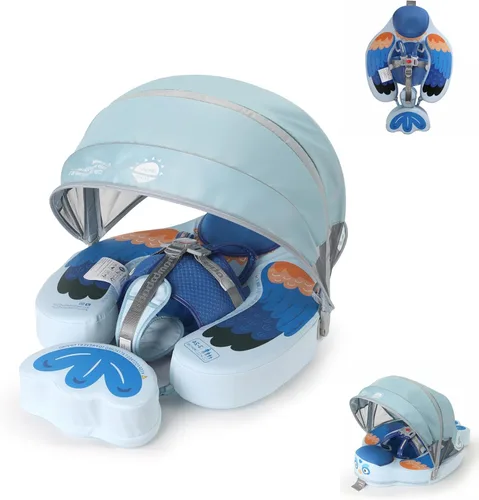 Vista 11 de Mambobaby Flotador para bebé con toldo y cola, flotador no inflable para piscina, correa de seguridad ajustable, entrenador de natación para niños