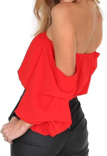 Vista 3 de Haola Blusa de gasa con hombros descubiertos para mujer, sexy, de manga larga, holgada, sin tirantes, color liso, casual